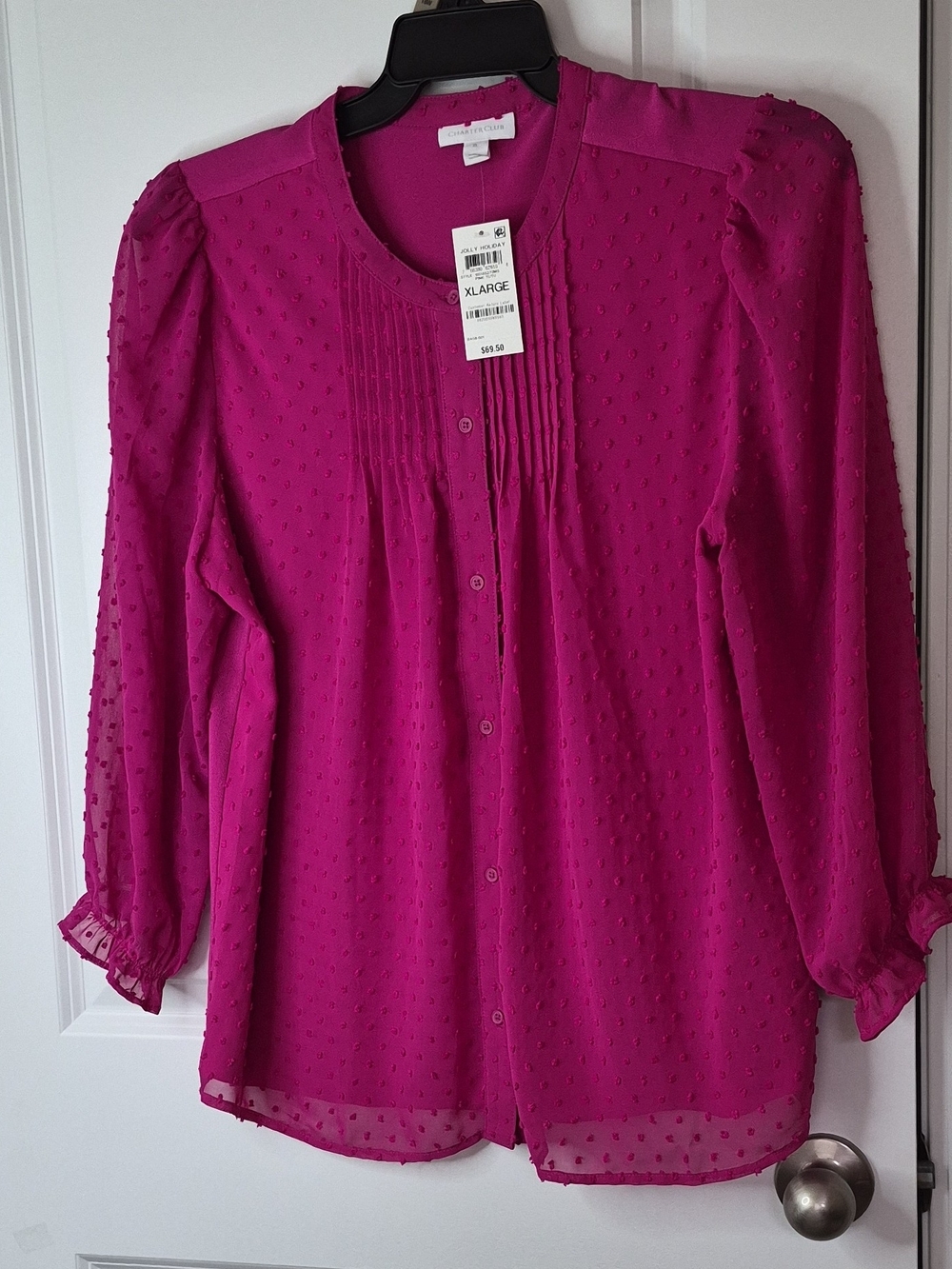 Charter Club Fuchsia Swiss Dot Button-Front Blouse - XL 3/4 Sleeve